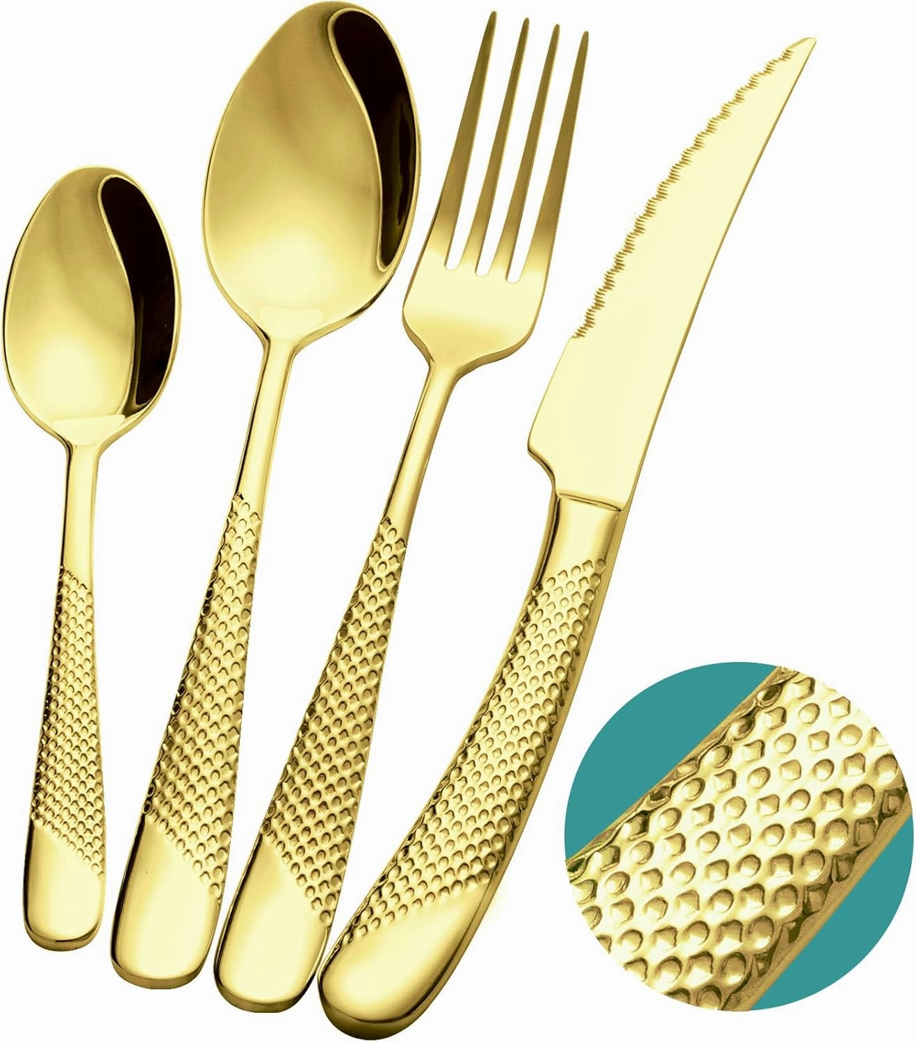 16-Piece ​Modern Champagne Gold Hammered Silverware Set with Ultra Sharp 2-IN-1 Serrated Knive, Golden 18/10 Stainless Steel Flatware Set, Utensil Cutlery Set for 4 Person, Forks Spoons Knives