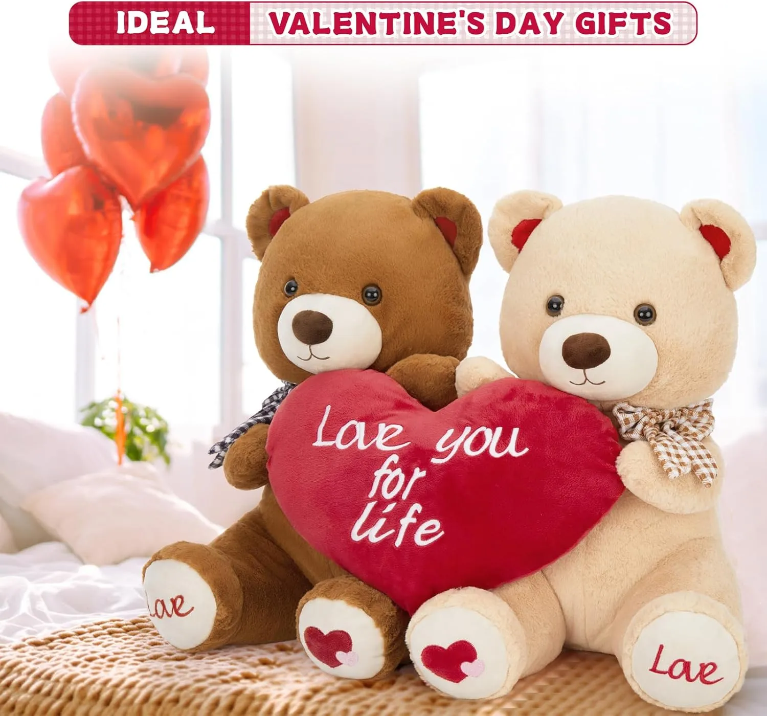 16" Valentines Teddy Bear Stuffed Animal 2 Pack(Brown & Apricot), Couple Stuffed Bear Plush Toy, Anniversary Christmas Lover-Birthday Gift for Girlfriend Boys Girls