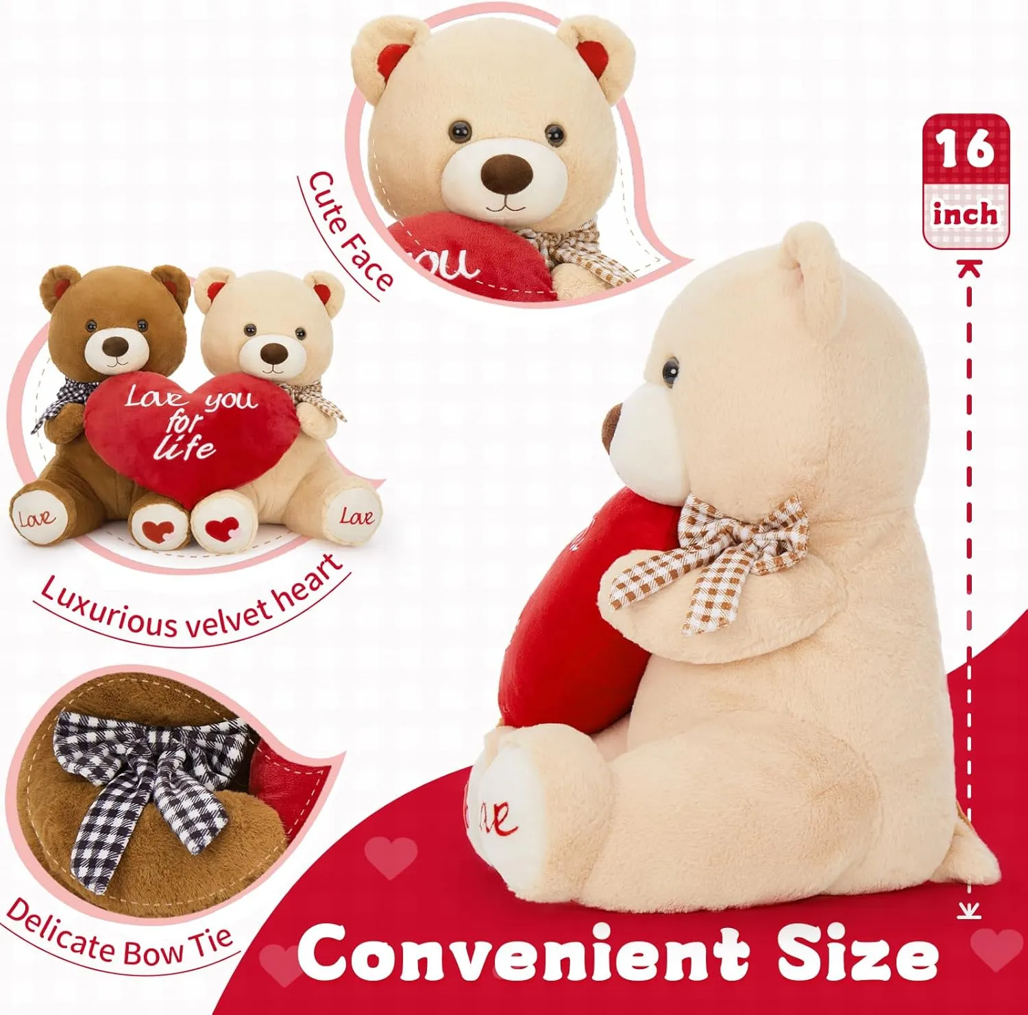 16" Valentines Teddy Bear Stuffed Animal 2 Pack(Brown & Apricot), Couple Stuffed Bear Plush Toy, Anniversary Christmas Lover-Birthday Gift for Girlfriend Boys Girls