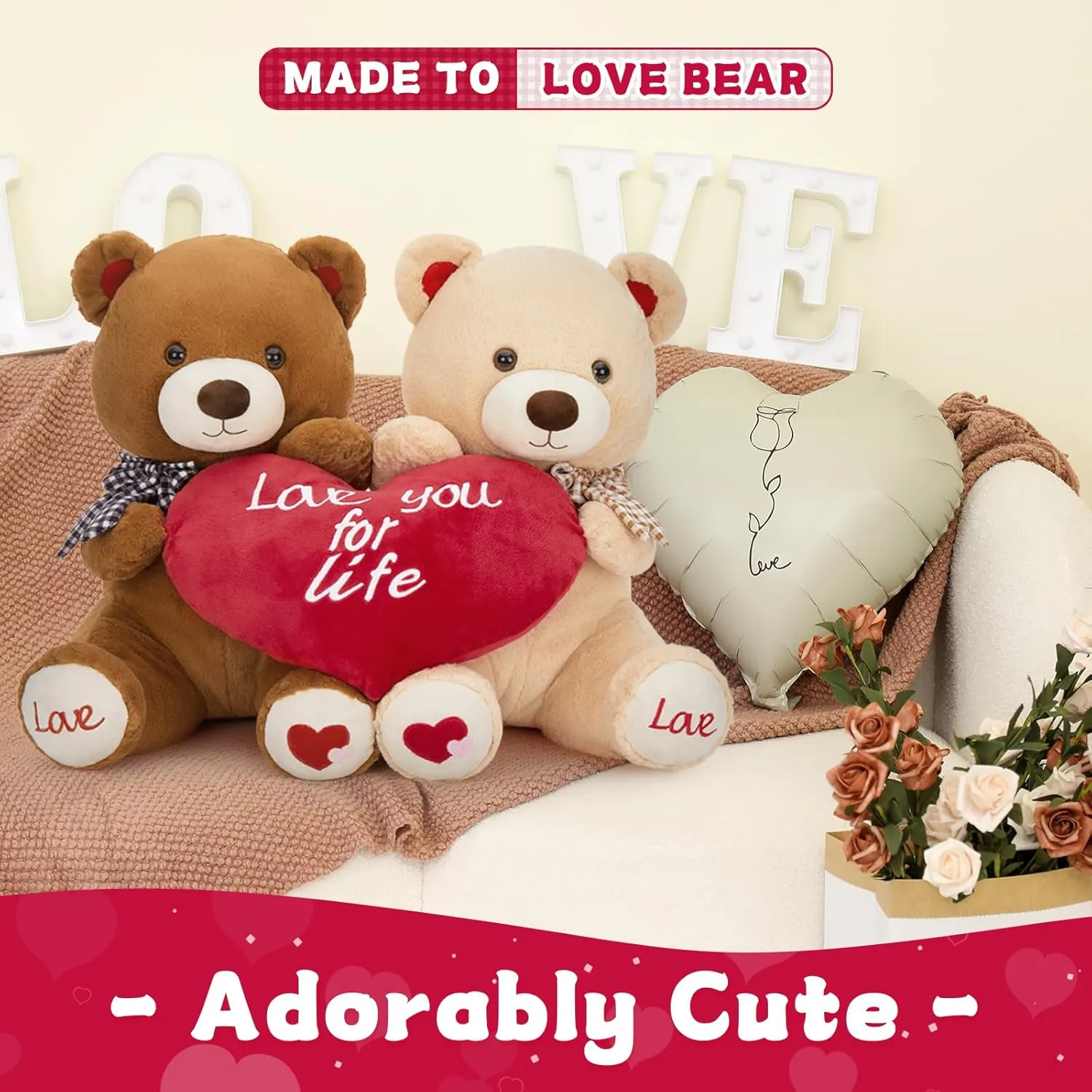 16" Valentines Teddy Bear Stuffed Animal 2 Pack(Brown & Apricot), Couple Stuffed Bear Plush Toy, Anniversary Christmas Lover-Birthday Gift for Girlfriend Boys Girls