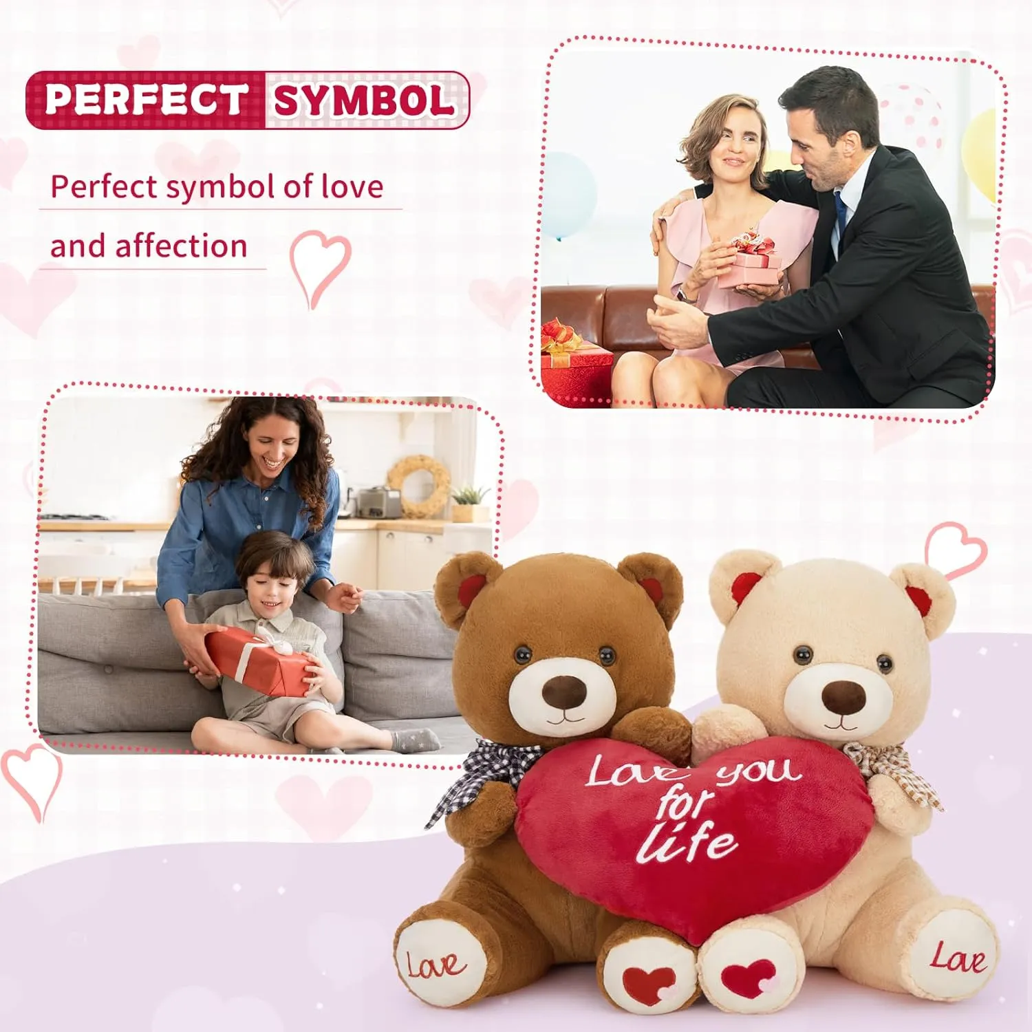 16" Valentines Teddy Bear Stuffed Animal 2 Pack(Brown & Apricot), Couple Stuffed Bear Plush Toy, Anniversary Christmas Lover-Birthday Gift for Girlfriend Boys Girls
