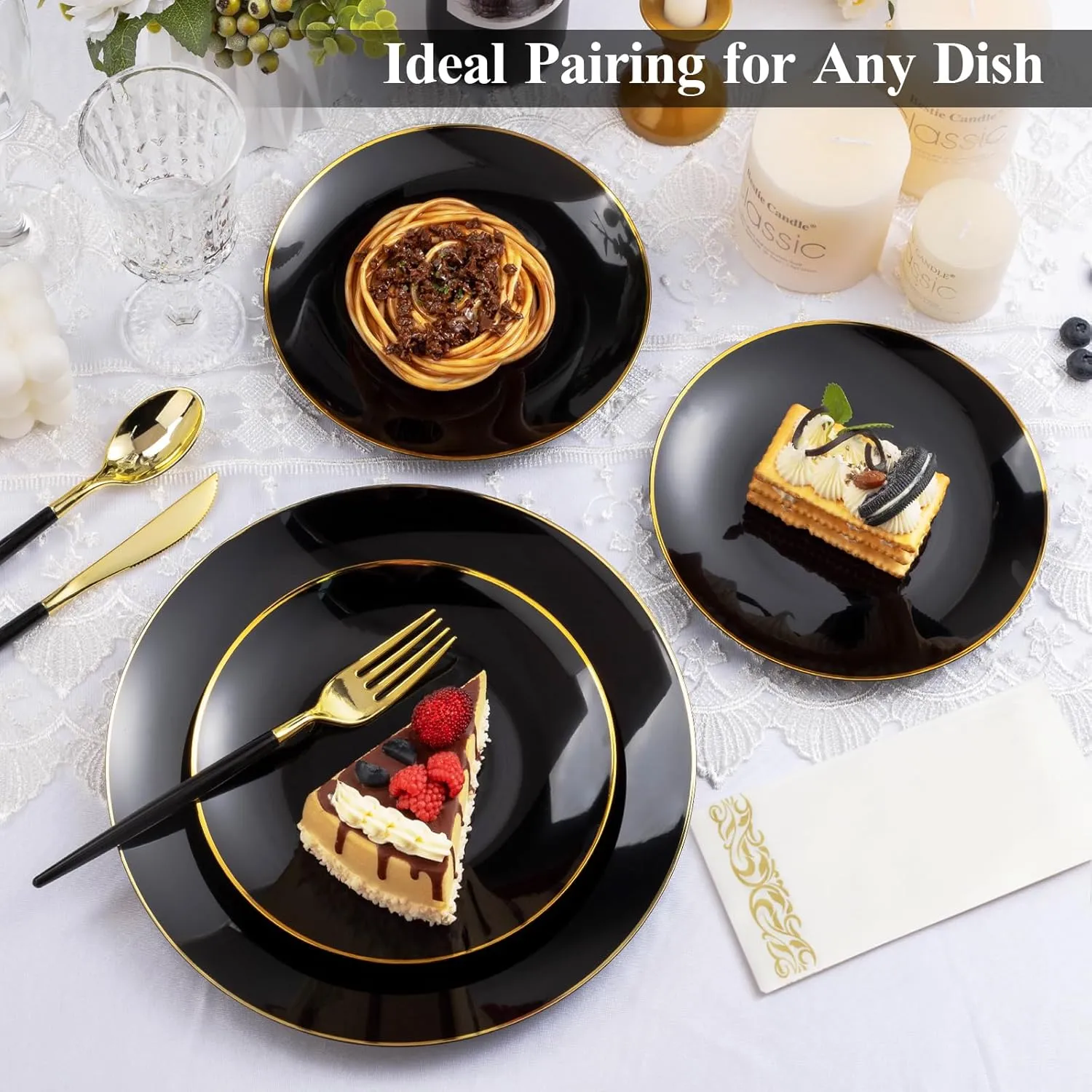 175 Pieces Black Gold Plastic Dinnerware Set, Gold Disposable Plates for Party, Include 50 Black Plates with 75 Plastic Cutlery, 25 Napkins and 25 Cups
