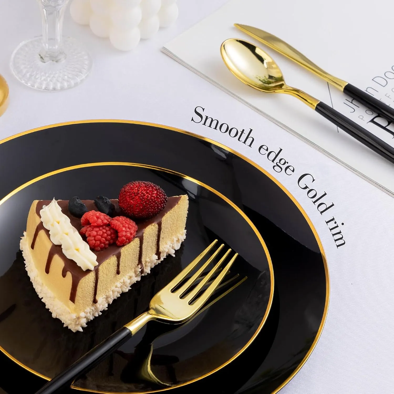 175 Pieces Black Gold Plastic Dinnerware Set, Gold Disposable Plates for Party, Include 50 Black Plates with 75 Plastic Cutlery, 25 Napkins and 25 Cups