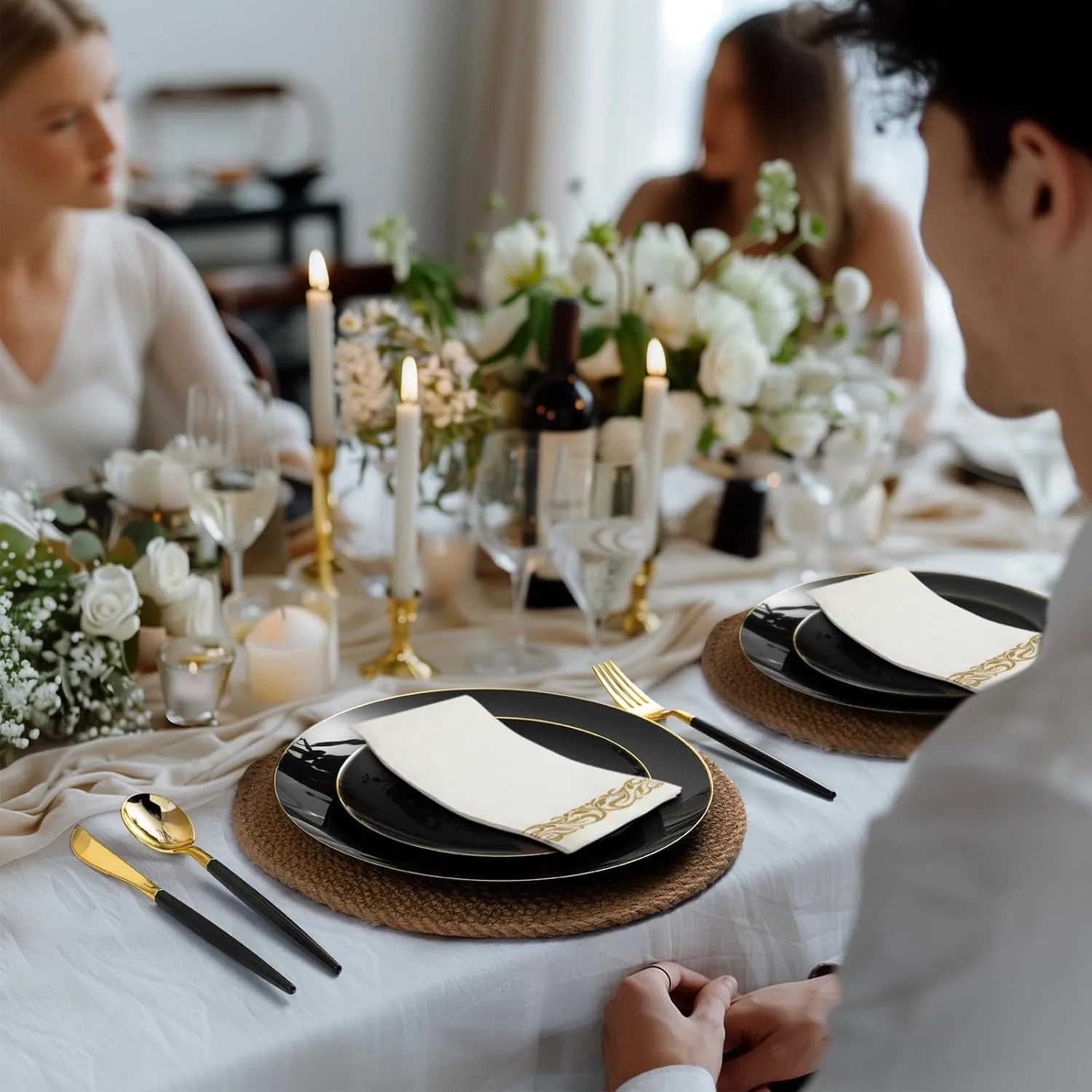175 Pieces Black Gold Plastic Dinnerware Set, Gold Disposable Plates for Party, Include 50 Black Plates with 75 Plastic Cutlery, 25 Napkins and 25 Cups