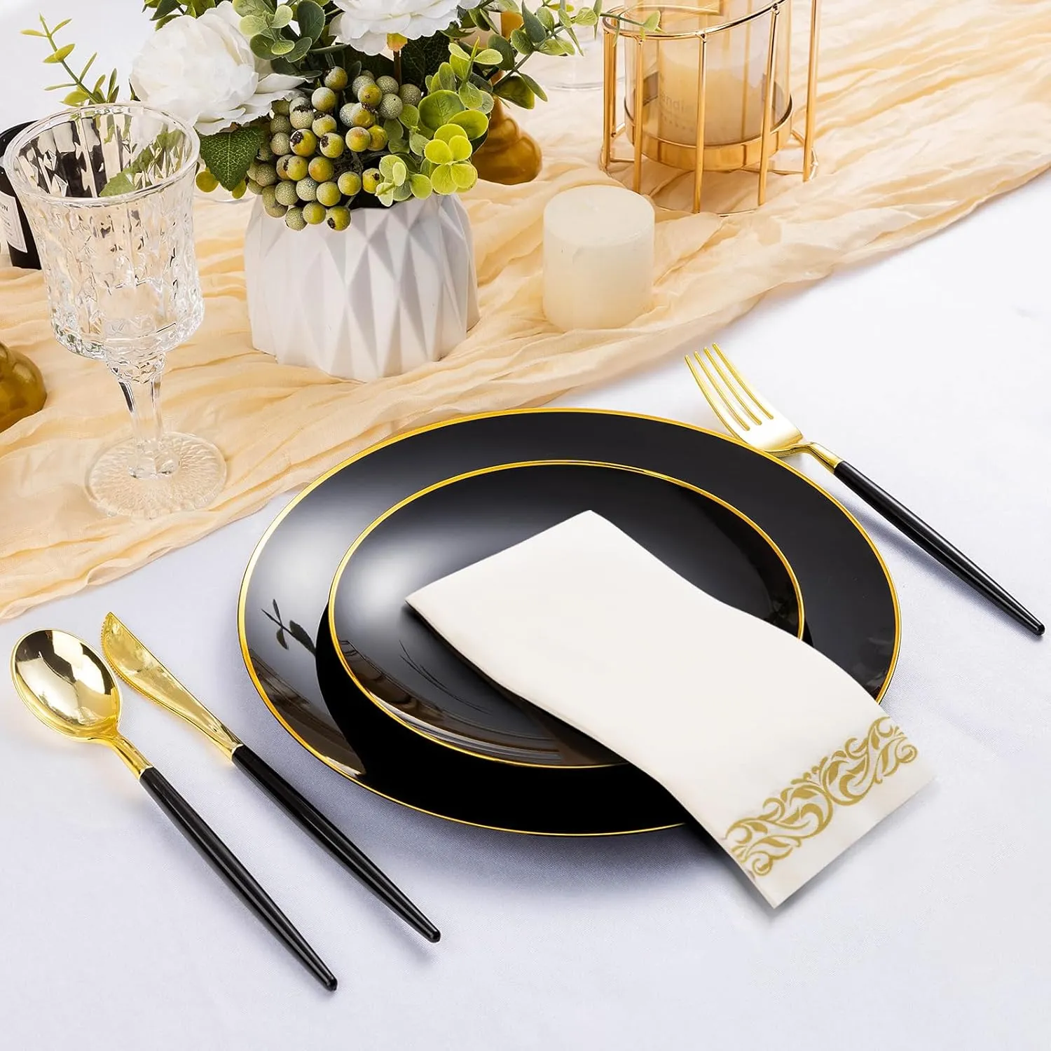 175 Pieces Black Gold Plastic Dinnerware Set, Gold Disposable Plates for Party, Include 50 Black Plates with 75 Plastic Cutlery, 25 Napkins and 25 Cups