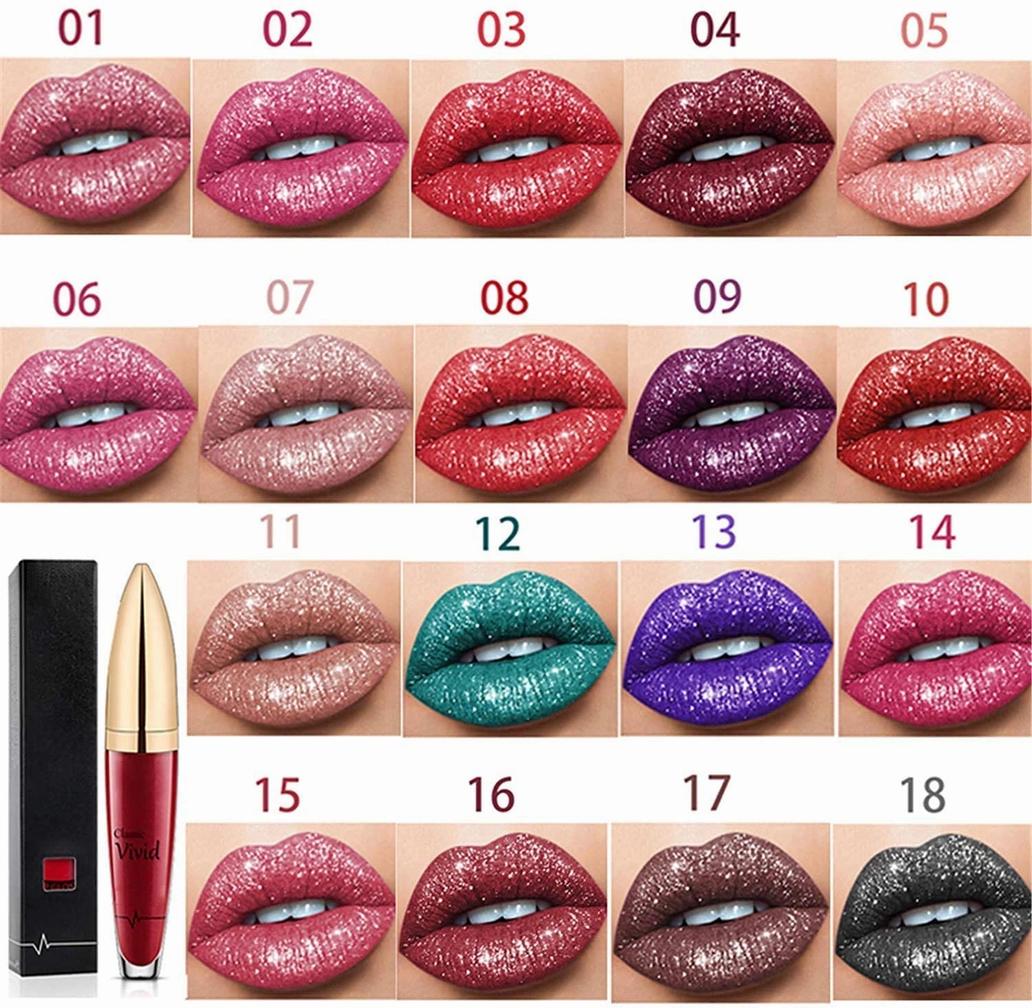 18 Color Diamond Shiny Long Lasting Lipstick,Metallic Liquid Lipstick, Long-Lasting and Waterproof, Easy to Apply and Clean,Non-Stick Shining Lip Glaze Gift for Women and Girls (01 02 03)