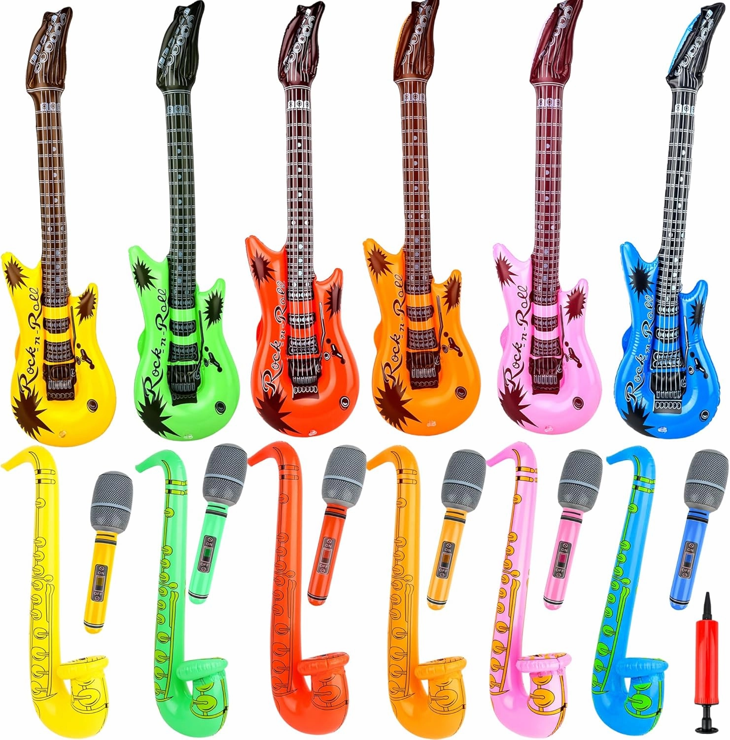 19 Pcs Inflatable Rock Star Instrument Set 6 Inflatable Microphone 6 Inflatable Guitar 6 Inflatable Saxophone 1 Air Pump for 80s Themed Party Carnival Birthday Party Decorations