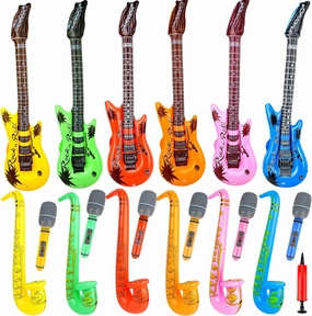19 Pcs Inflatable Rock Star Instrument Set 6 Inflatable Microphone 6 Inflatable Guitar 6 Inflatable Saxophone 1 Air Pump for 80s Themed Party Carnival Birthday Party Decorations