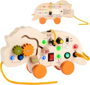 2-in-1 Busy Board & Pull Toys for Toddlers 1-3: Dinosaur Busy Board with Led Light, Educational Learning Toys Wooden Multi-Sensory Board with 4 Movable Wheels, Montessori Toys for 1 2 3 Year Old