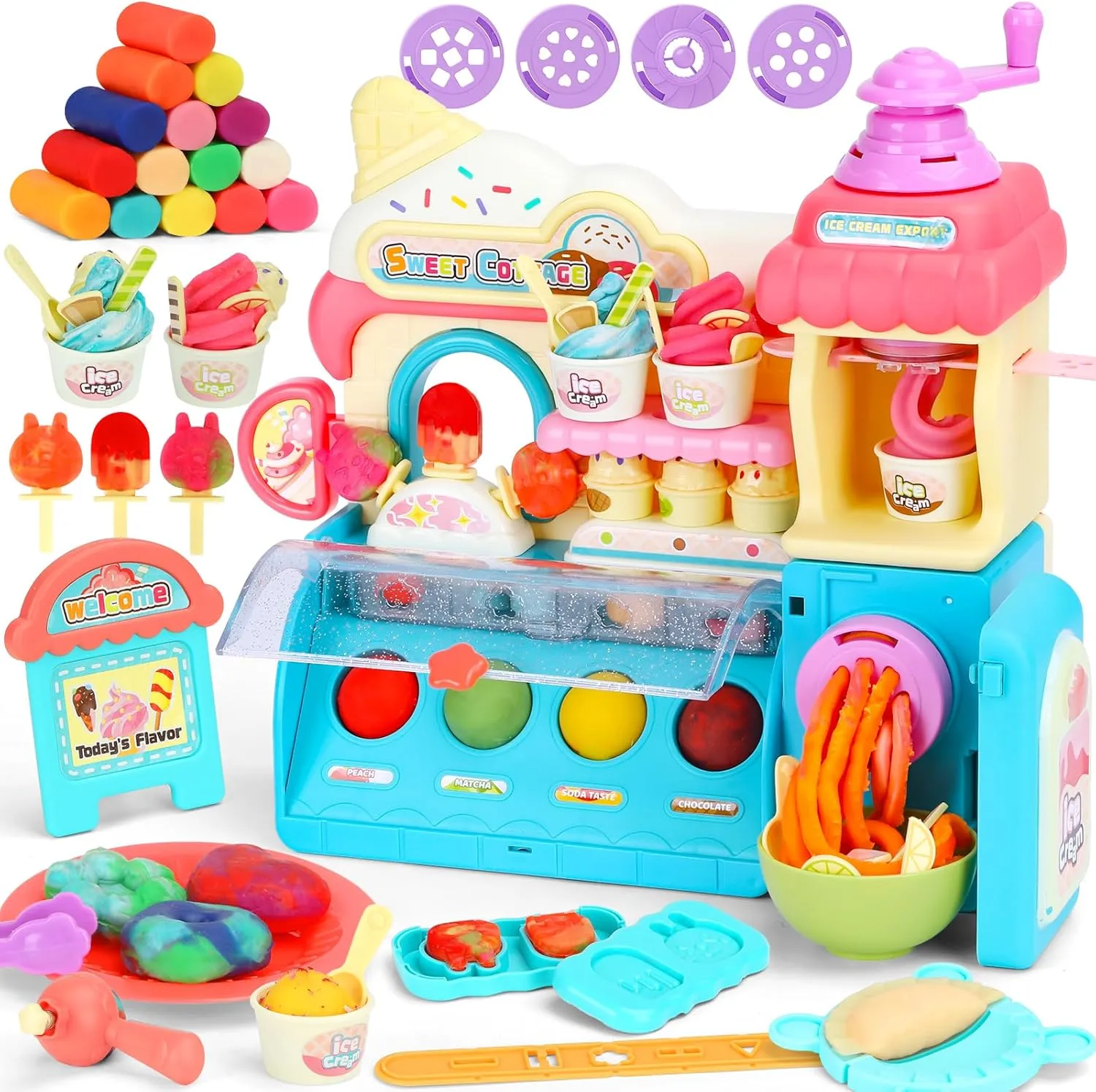 2 in 1 Play Dough Sets for Kids Ages 4-8,Ice Cream Noodle Playdough Set,Music ＆ Light,Kitchen Creations Arts and Crafts Toys for Kids 4-6,Birthday Gifts for 3   Year Old Boys Girls,70 pcs