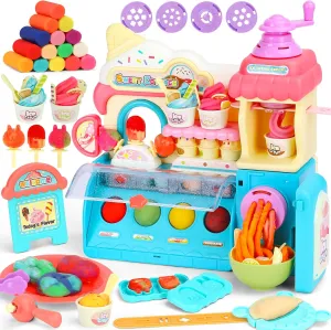 2 in 1 Play Dough Sets for Kids Ages 4-8,Ice Cream Noodle Playdough Set,Music ＆ Light,Kitchen Creations Arts and Crafts Toys for Kids 4-6,Birthday Gifts for 3   Year Old Boys Girls,70 pcs