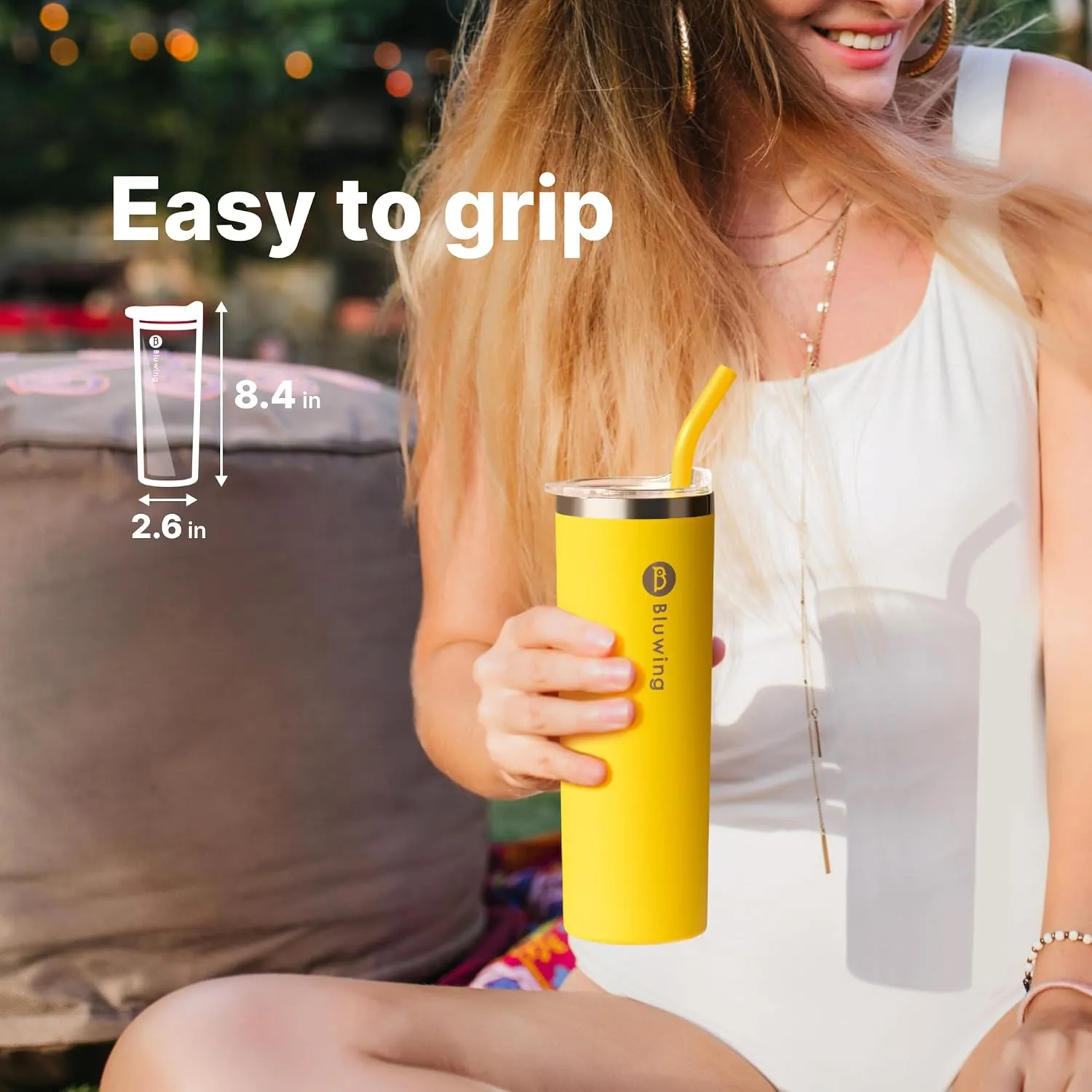 2 Pack Insulated Skinny Tumblers with Straw 20 oz Stainless Steel Water Tumbler Cups for Women, Leak Proof Lid, Straw Brushes(Yellow/Pink)