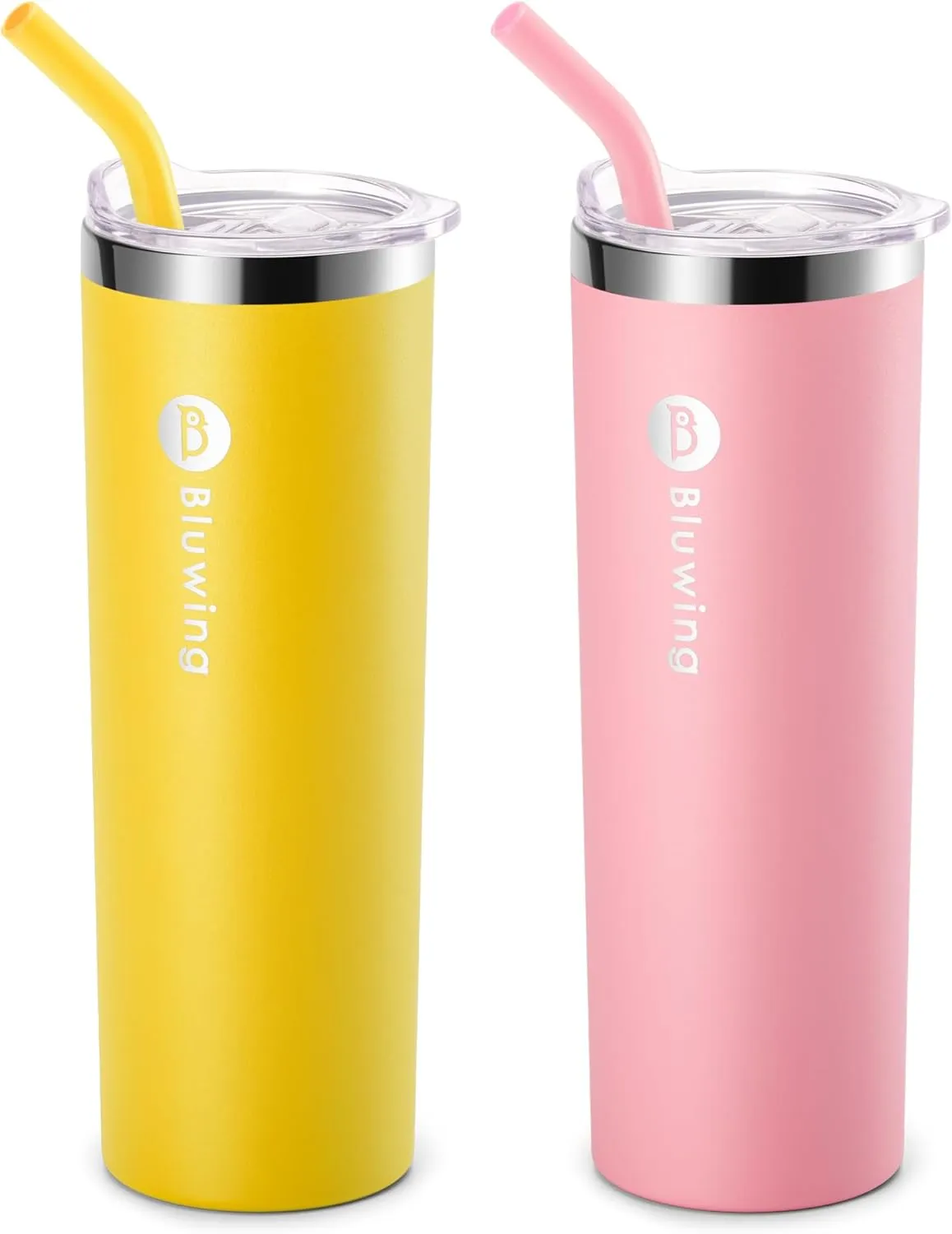 2 Pack Insulated Skinny Tumblers with Straw 20 oz Stainless Steel Water Tumbler Cups for Women, Leak Proof Lid, Straw Brushes(Yellow/Pink)
