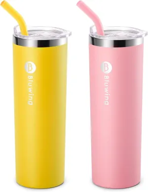 2 Pack Insulated Skinny Tumblers with Straw 20 oz Stainless Steel Water Tumbler Cups for Women, Leak Proof Lid, Straw Brushes(Yellow/Pink)
