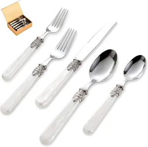 20 pieces Stainless Steel Vintage Flatware Sets With White Hanld,Silverware Set For 4,Dishware Safe(20, White)