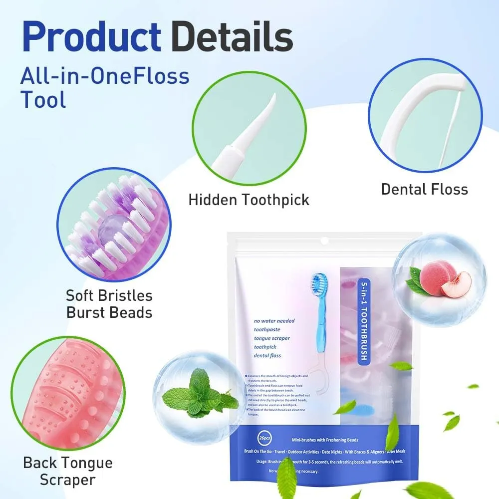 2025 New 5 in 1 Mini Toothbrush Set, 26pcs Mini Toothbrushes with Toothpaste, Portable Toothbrush with Floss, 5 in 1 Disposable Mini Toothbrushs for Travel Work and Gatherings Daily Use (Mixed 1PC)