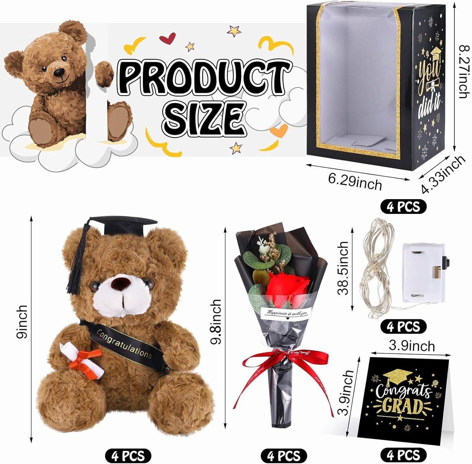 2025 Graduation Gifts Set Plush Stuffed Teddy Bears Artificial Soap Flower Congrats Greeting Card Box with Window Graduation Gifts for Her Him College Adult