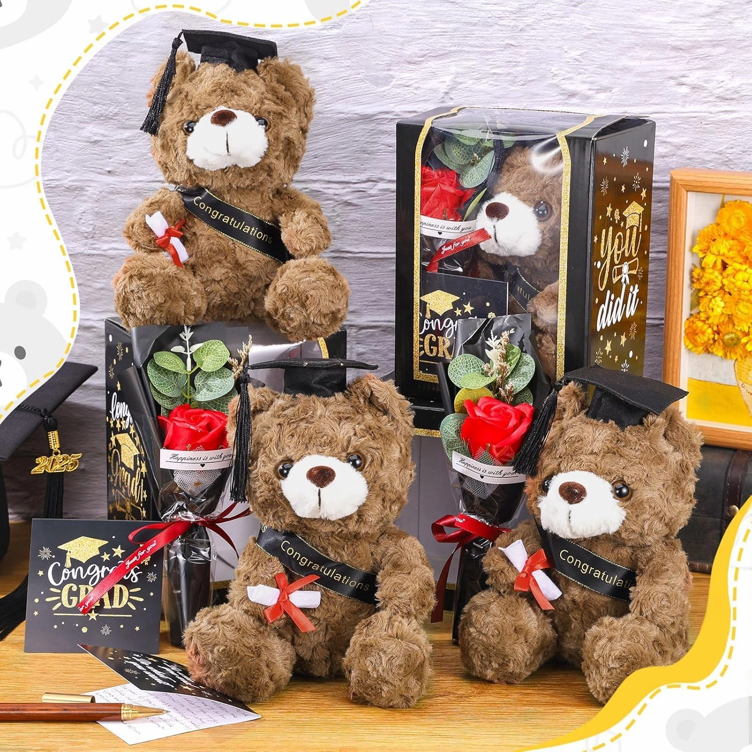 2025 Graduation Gifts Set Plush Stuffed Teddy Bears Artificial Soap Flower Congrats Greeting Card Box with Window Graduation Gifts for Her Him College Adult