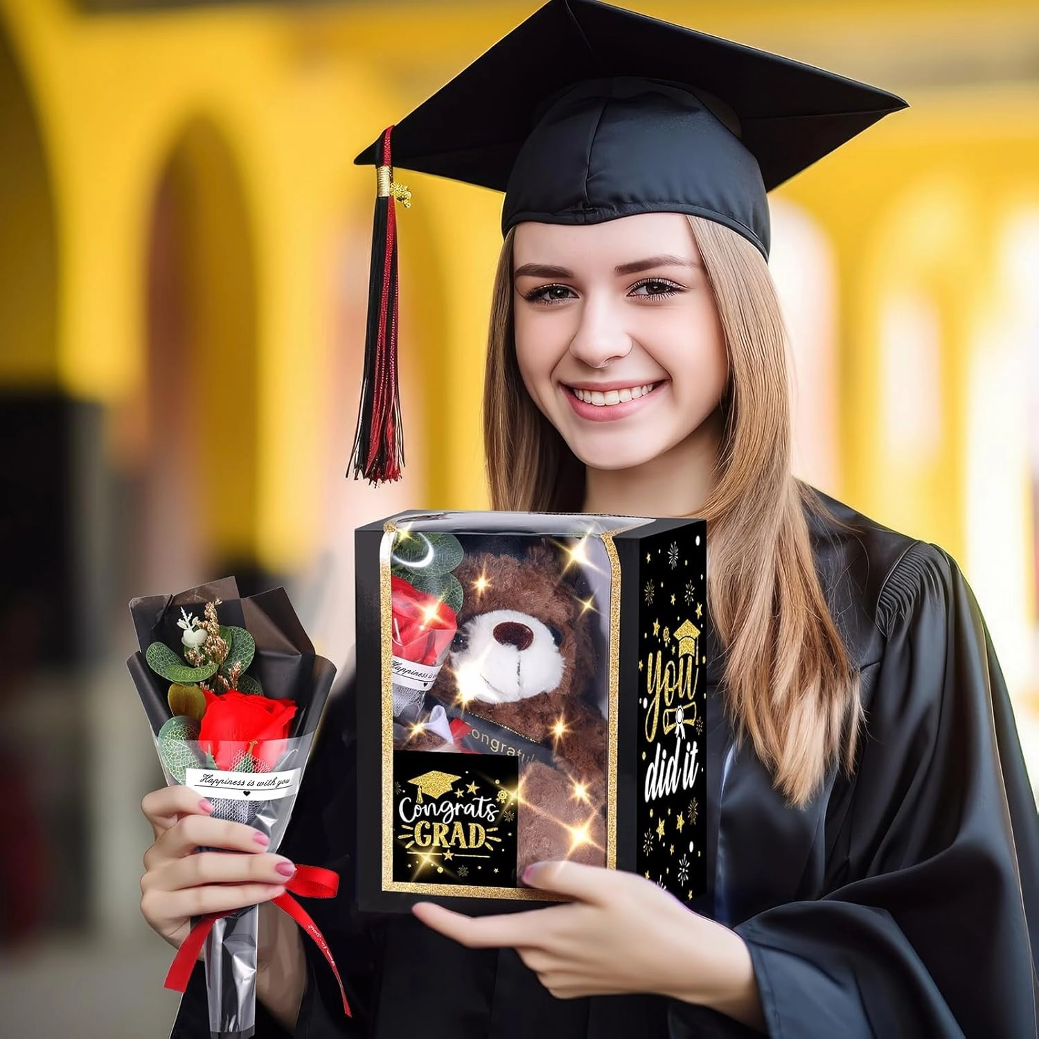 2025 Graduation Gifts Set Plush Stuffed Teddy Bears Artificial Soap Flower Congrats Greeting Card Box with Window Graduation Gifts for Her Him College Adult