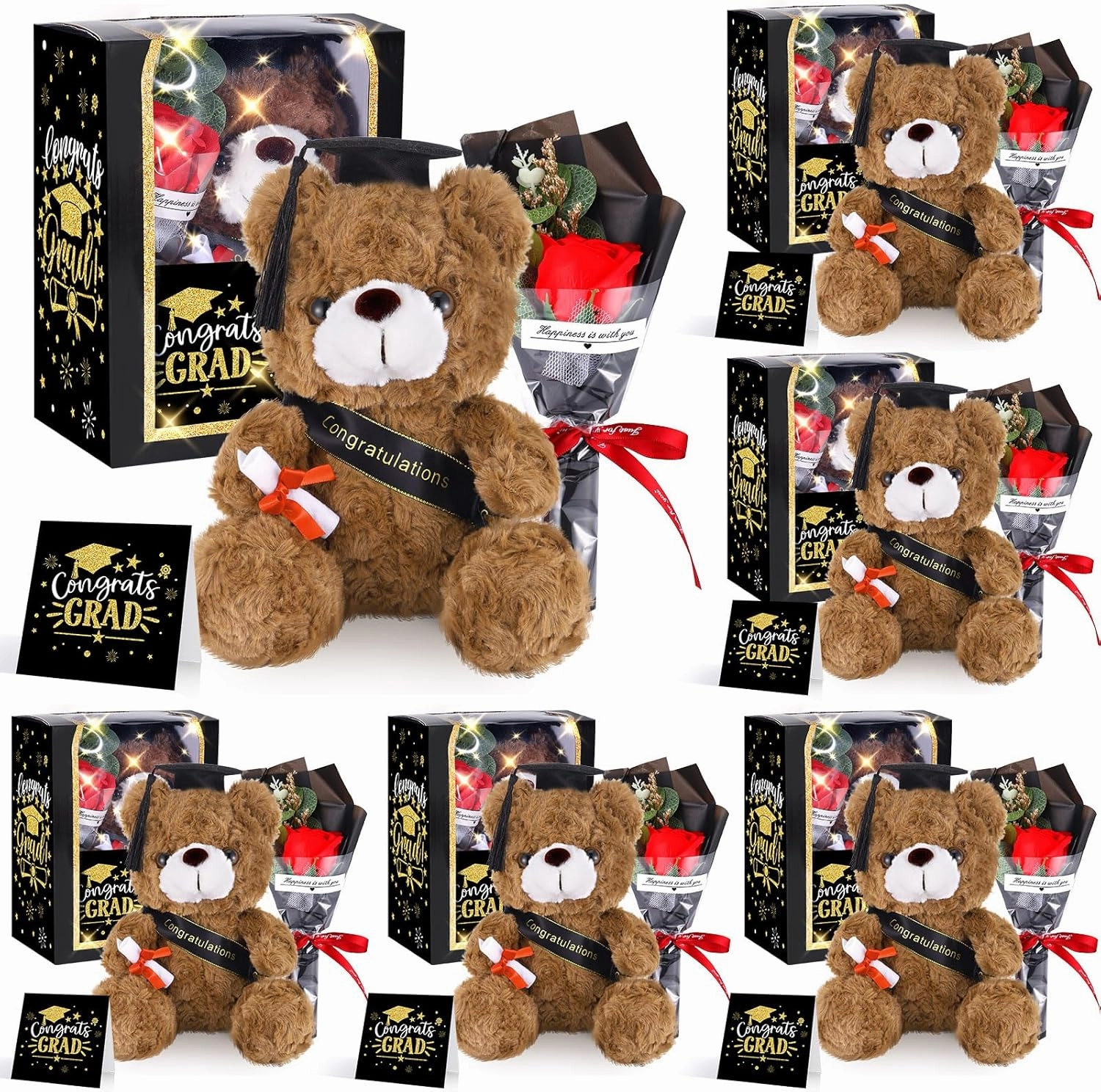 2025 Graduation Gifts Set Plush Stuffed Teddy Bears Artificial Soap Flower Congrats Greeting Card Box with Window Graduation Gifts for Her Him College Adult