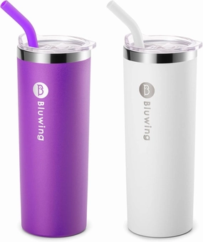 20 oz Skinny Tumbler Cup 2 Pack Leak Proof Insulated Coffee Cup Tumblers with Straw and Lid, DIY Birthday Gift (Purple-White)