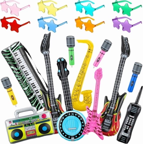20 Pcs Inflatable Instruments Party Props Rock Star Toy Set Blow up Guitar Saxophone Bass Lute Microphones Mobile Phone Recorder Piano Star Shaped Sunglasses for 80s 90s Rock and Roll Party