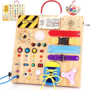 23 in 1 Busy Board Montessori Toys for 1-3 Year Old Wooden Learning Educational Toy for Toddlers with 15 Switches, 26 LED Lights, Music Boxes, Locks,Zippers Toddler Sensory Toys for Soothing A Baby