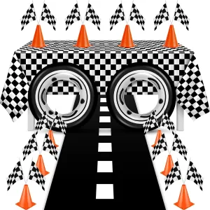 24 Pcs Race Car Theme Birthday Party Supplies, 8 Pcs Traffic Cones, 12 Black and White Checkered Flags, 2 Inflatable Tire Tubes, Black Floor Runner, Checkered Tablecloth(Classic Style)