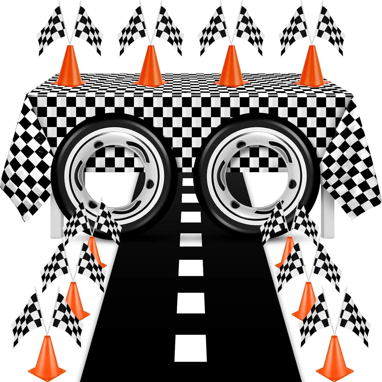 24 Pcs Race Car Theme Birthday Party Supplies, 8 Pcs Traffic Cones, 12 Black and White Checkered Flags, 2 Inflatable Tire Tubes, Black Floor Runner, Checkered Tablecloth(Classic Style)