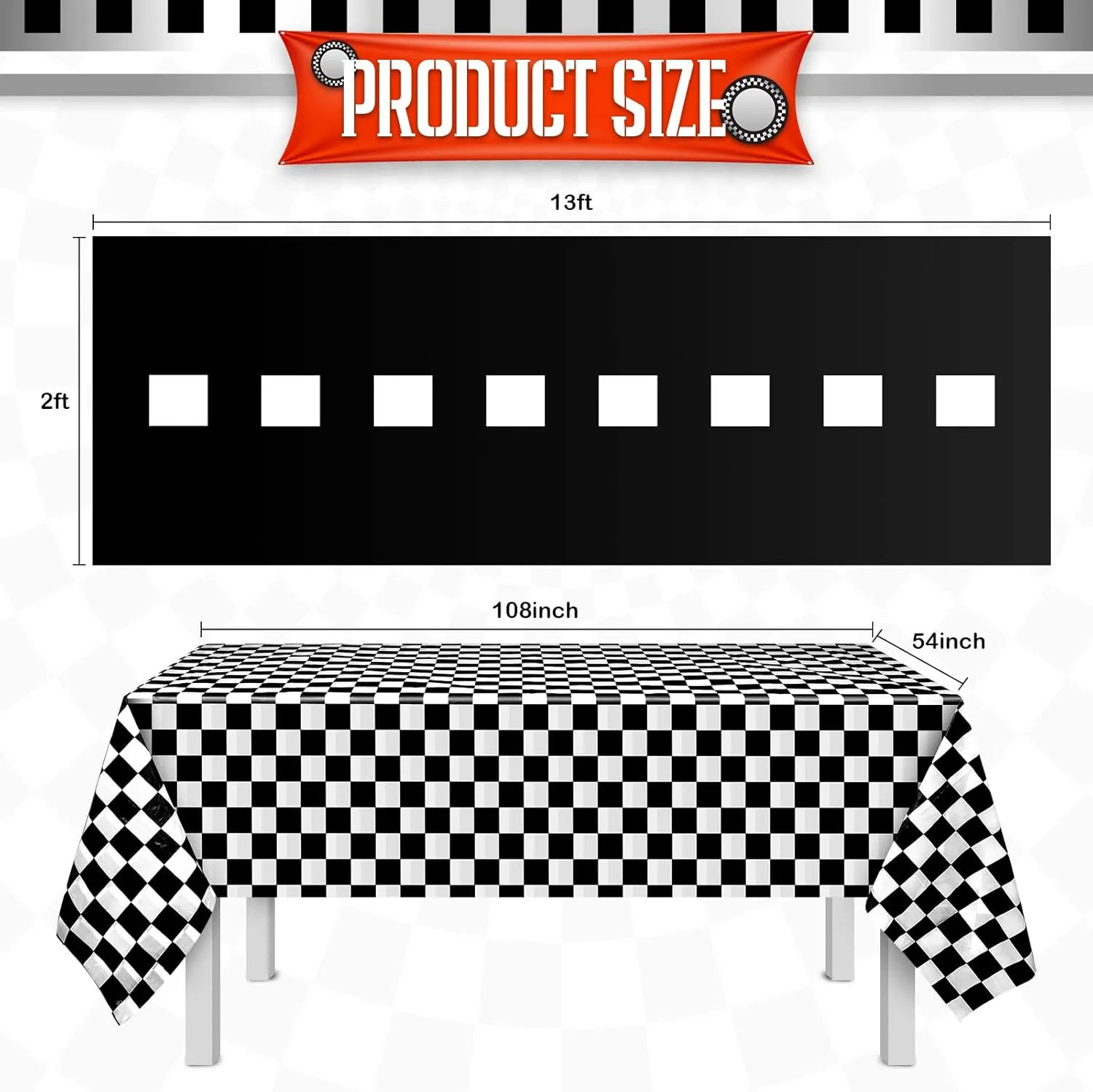 24 Pcs Race Car Theme Birthday Party Supplies, 8 Pcs Traffic Cones, 12 Black and White Checkered Flags, 2 Inflatable Tire Tubes, Black Floor Runner, Checkered Tablecloth(Classic Style)