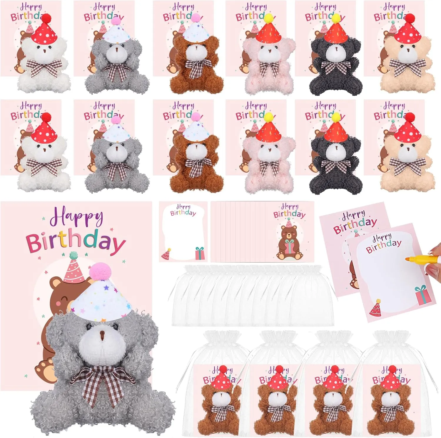 24 Set Birthday Mini Animal Plush Toy with Birthday Hat Mini Plush Animal Toy Set Small Bulk Stuffed Animal Party Favors for Kid Plush Bear with Thank You Card Organza Bag for Classroom Reward