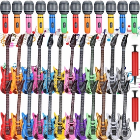 24 Pcs Colorful Inflatable Instruments Rock Star Toy Set Including 12 Pcs Plastic Microphones, 12 Inflatable Guitars and 1 Inflator for Musical Concert Themed Party Decoration