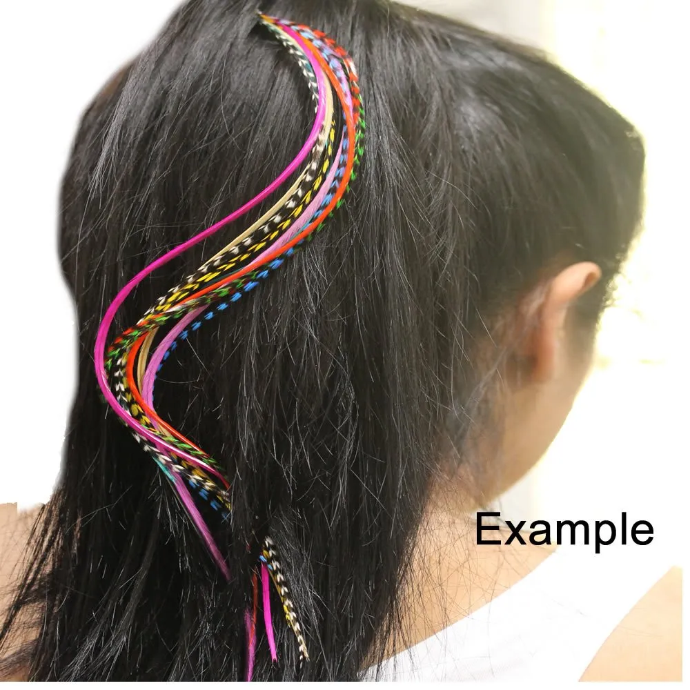 25 Feather Hair Extension Kit 7"-13" long – 100% Real Rooster Feathers – Long, Natural Strands by Sexy Sparkles (White,Black,Grizzly)