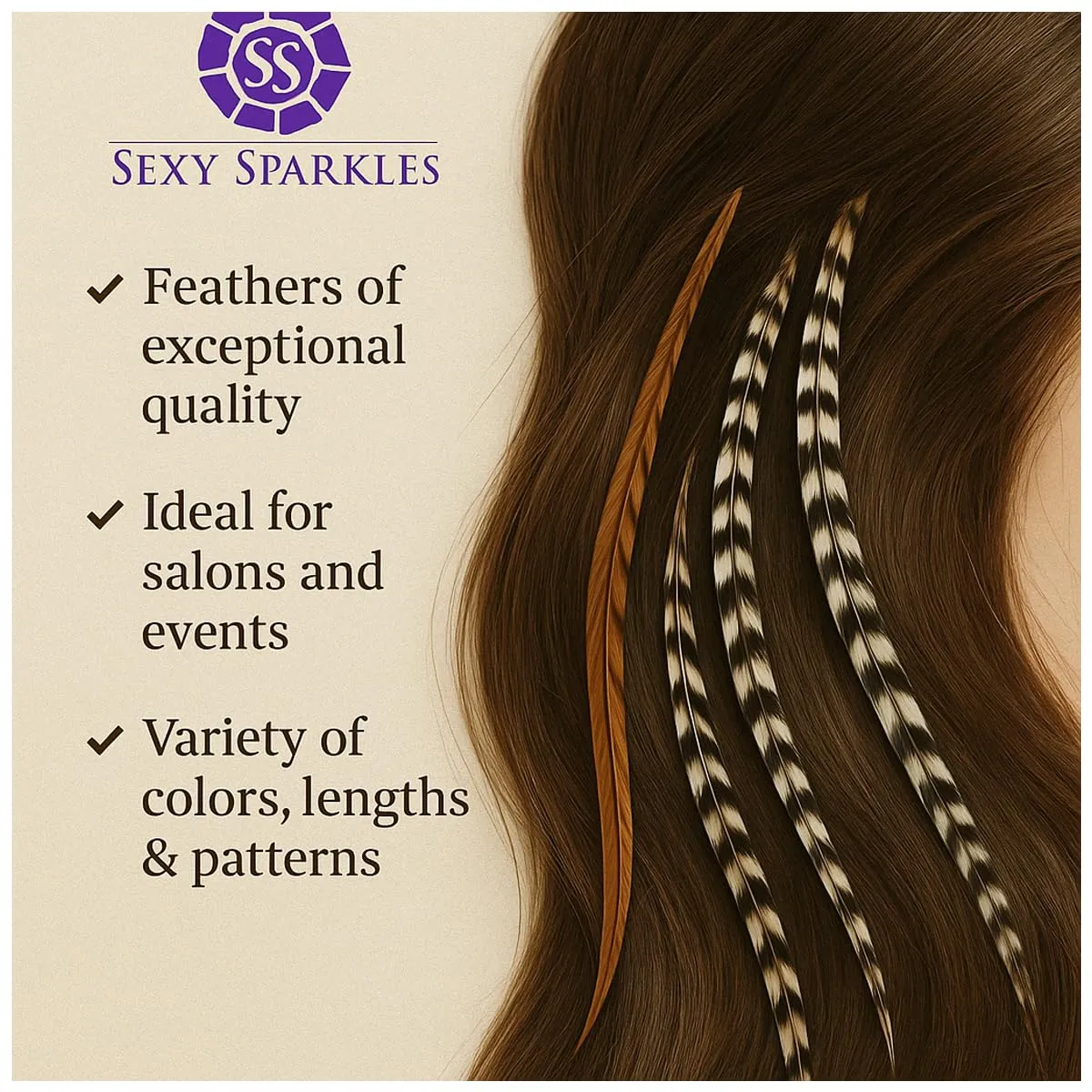 25 Feather Hair Extension Kit 7"-13" long – 100% Real Rooster Feathers – Long, Natural Strands by Sexy Sparkles (White,Black,Grizzly)