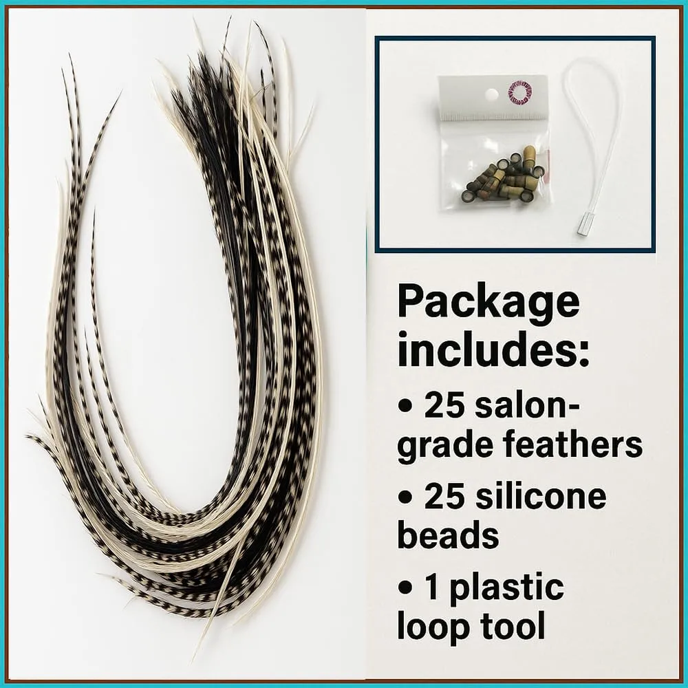 25 Feather Hair Extension Kit 7"-13" long – 100% Real Rooster Feathers – Long, Natural Strands by Sexy Sparkles (White,Black,Grizzly)