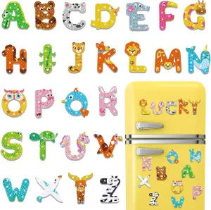 26 Pcs Diamond Art Painting Magnets Cartoon Animal Alphabet Letters for Toddler Kid Fridge ABC Magnetic Letters Educational Toy Set for Preschool Learning Spelling, Birthday Baby Shower Parties Gift