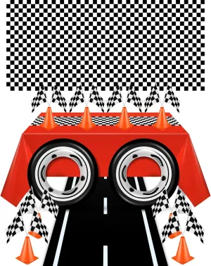 29 Pcs Race Car Birthday Party Supplies, Include 2 Plastic Table Cloth, Black Race Track Running Mat, 16 Checkered Flag, 8 Orange Traffic Cones, 2 Tire Tube Swim Ring for Racing Theme Party Decoration