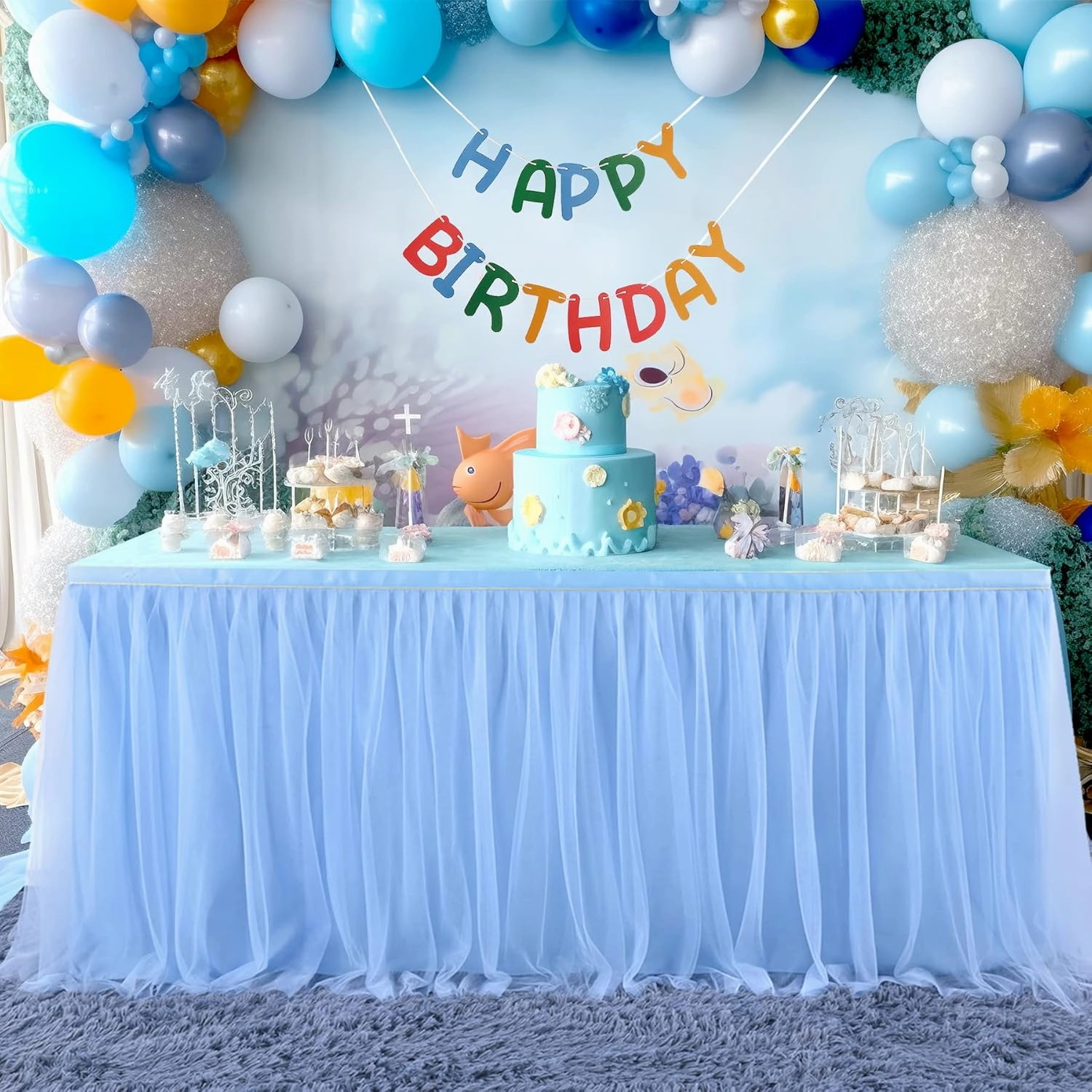 2 Pack 6ft Blue Tulle Table Skirts for Rectangle Tables or Round Tables Blue Tutu Tablecloth Cover for Baby Shower Boy Birthday Party Wedding Cake Dessert Table Decorations