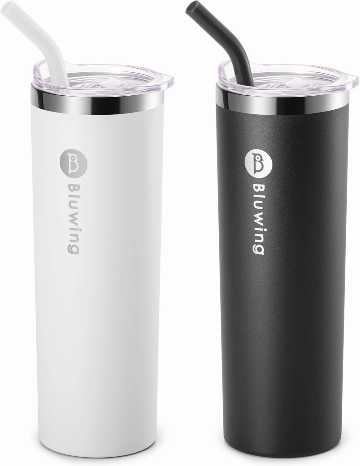 2 Pack Insulated Tumbler Cups with Straw 20 oz Slim Travel Water Tumbler for Women/Men, Leak Proof Lid (Black-White)