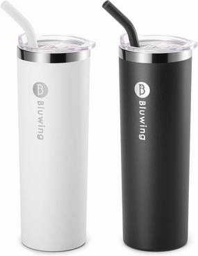 2 Pack Insulated Tumbler Cups with Straw 20 oz Slim Travel Water Tumbler for Women/Men, Leak Proof Lid (Black-White)