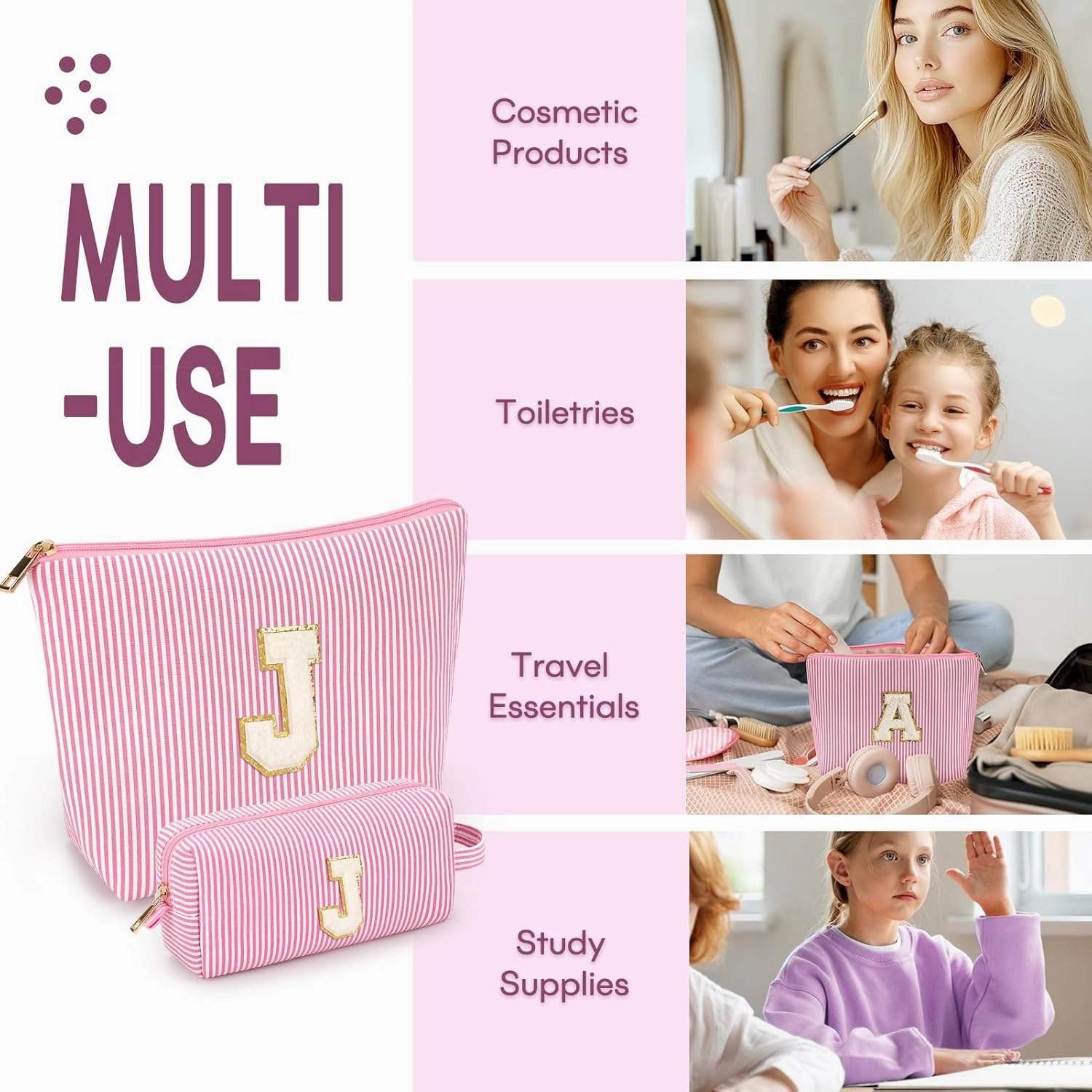 2 PCS Initial Makeup Bags for Women: Cosmetic Bag for Travel Toiletry - Birthday Gifts for 11 12 13 14 15 16 17 18 Years Old Girl Graduation Teacher Gift- Teen Girl Gifts Trendy Stuff - Pink J