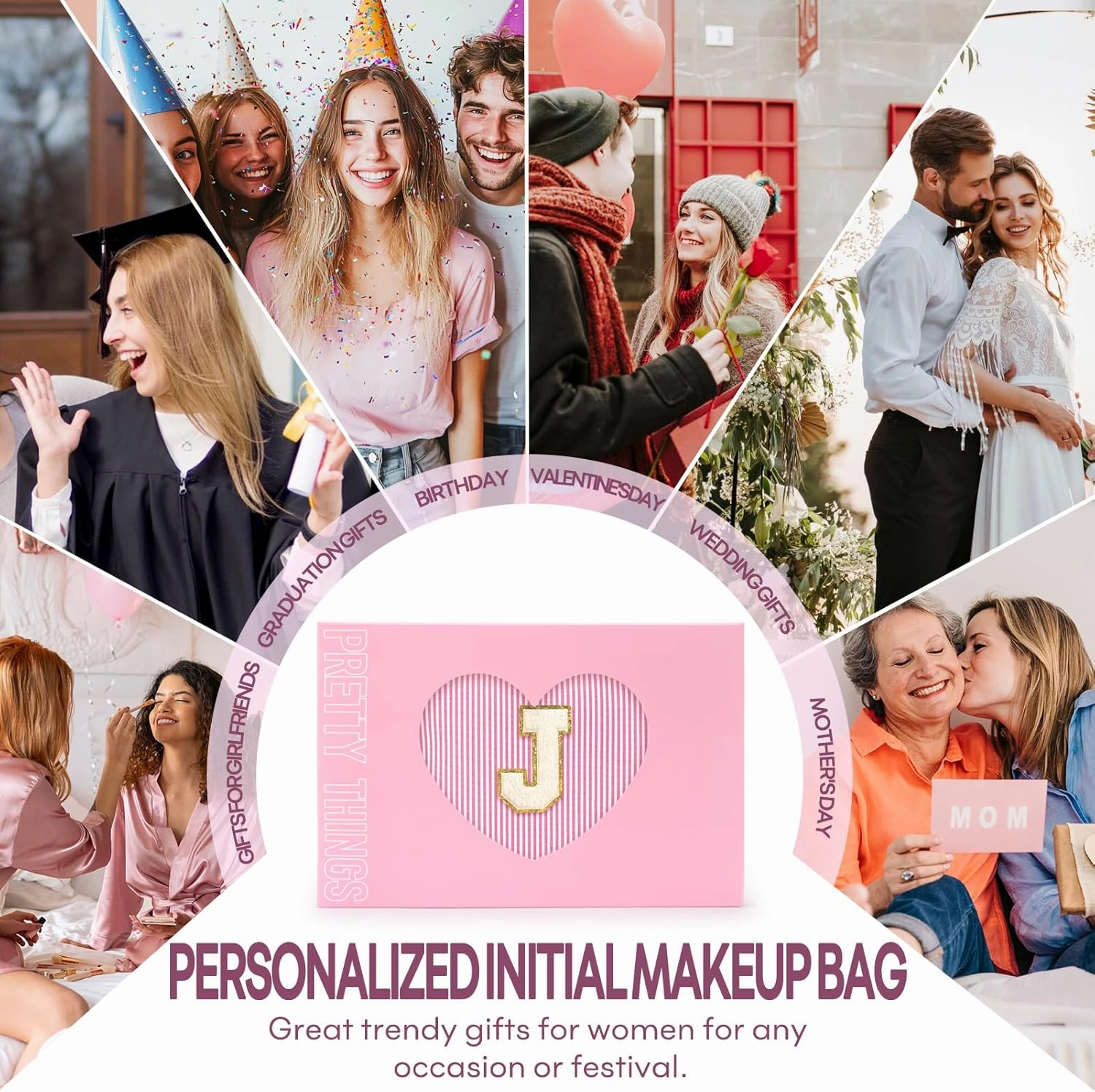 2 PCS Initial Makeup Bags for Women: Cosmetic Bag for Travel Toiletry - Birthday Gifts for 11 12 13 14 15 16 17 18 Years Old Girl Graduation Teacher Gift- Teen Girl Gifts Trendy Stuff - Pink J