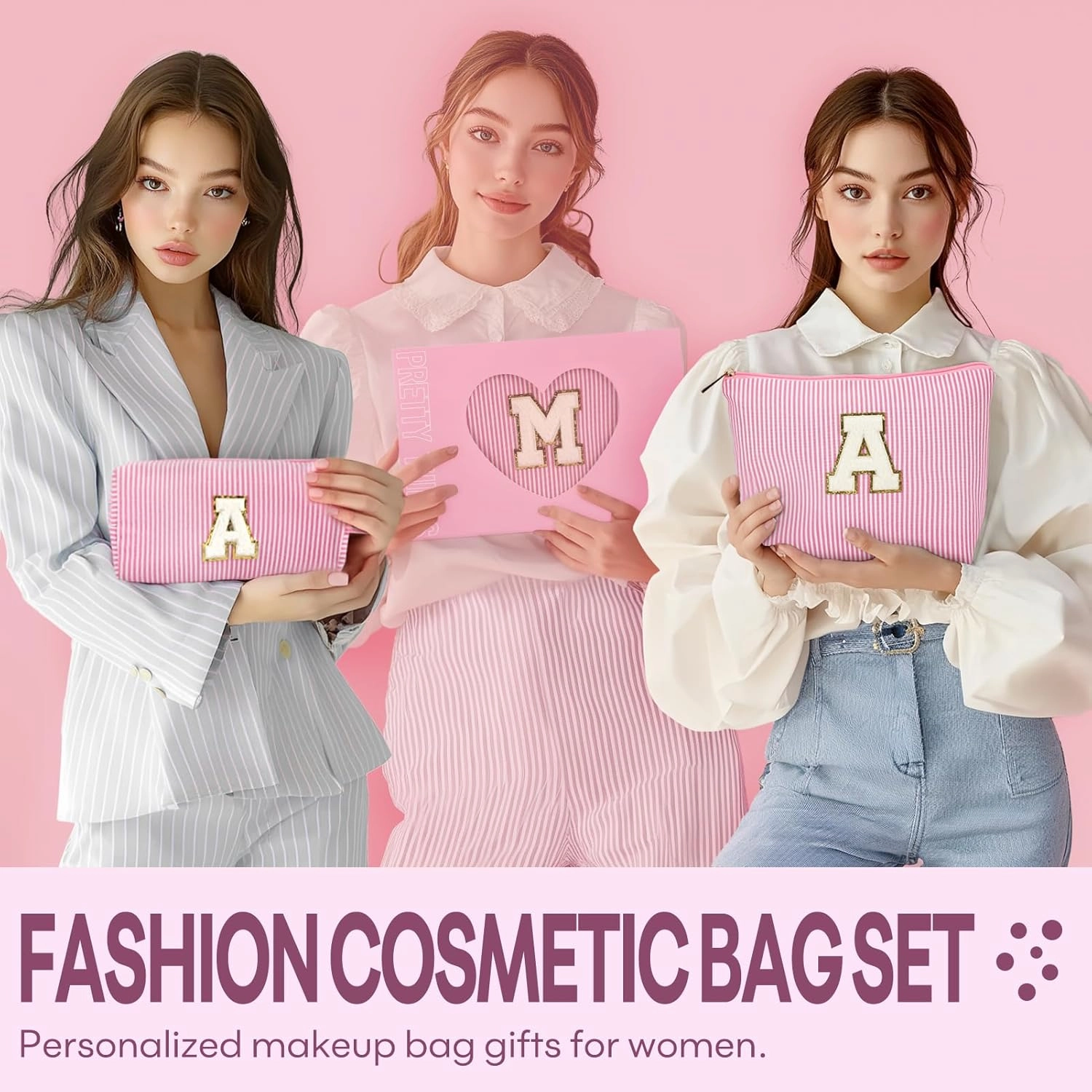 2 PCS Initial Makeup Bags for Women: Cosmetic Bag for Travel Toiletry - Birthday Gifts for 11 12 13 14 15 16 17 18 Years Old Girl Graduation Teacher Gift- Teen Girl Gifts Trendy Stuff - Pink J