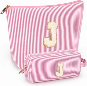 2 PCS Initial Makeup Bags for Women: Cosmetic Bag for Travel Toiletry - Birthday Gifts for 11 12 13 14 15 16 17 18 Years Old Girl Graduation Teacher Gift- Teen Girl Gifts Trendy Stuff - Pink J