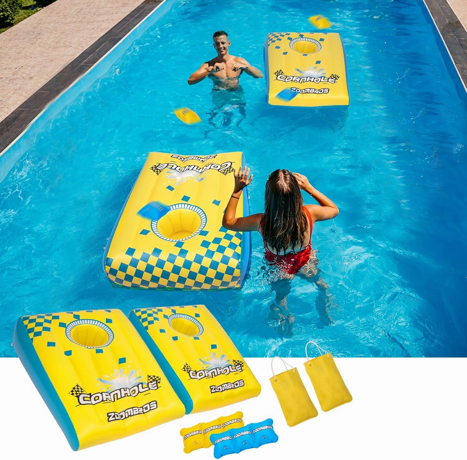 2in1 Cornhole, 6 Bean Bags & Ring Toss with Anchor Bags, Inflatable Cornhole Pool Game Floating, Pool Toys for Adults Teens and Family