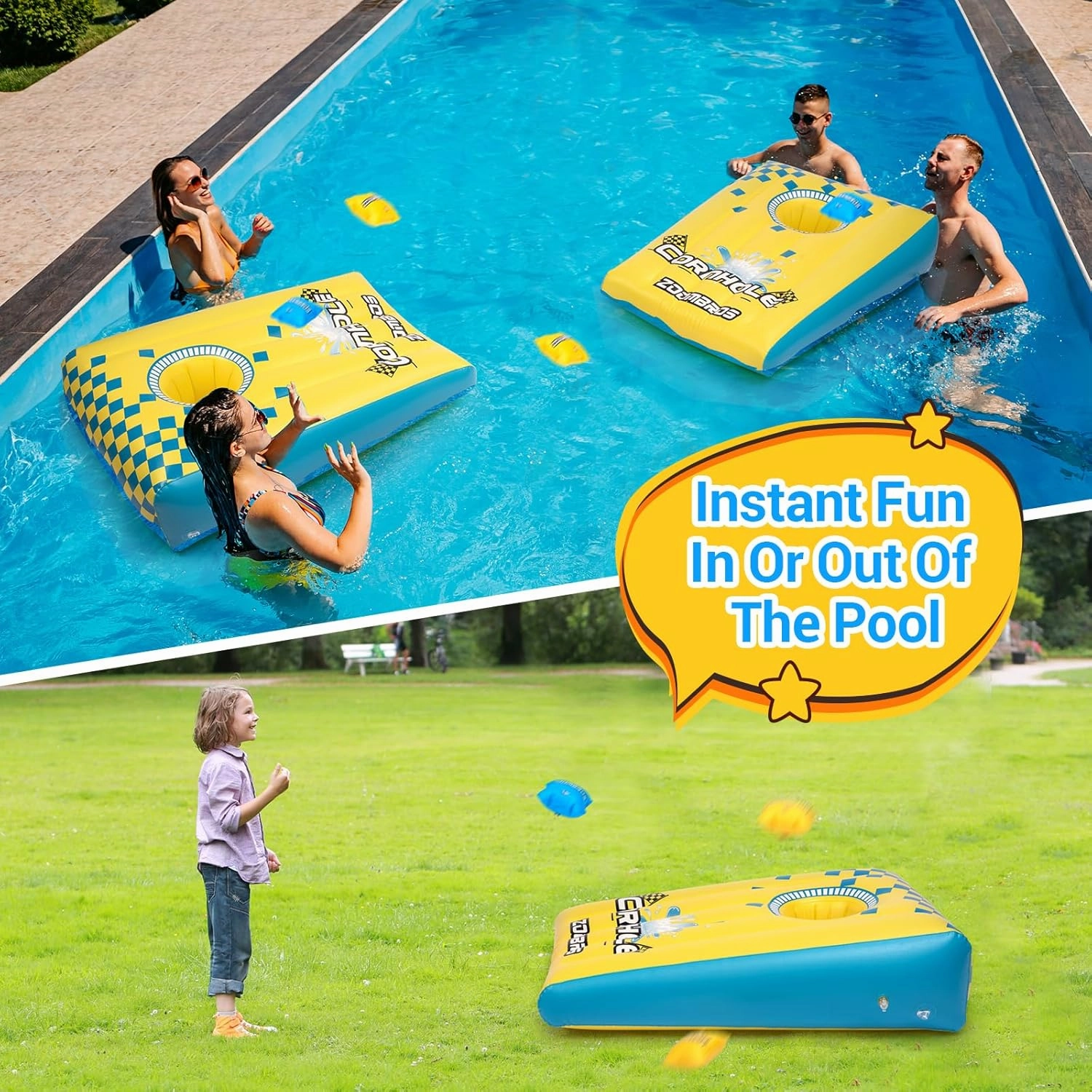 2in1 Cornhole, 6 Bean Bags & Ring Toss with Anchor Bags, Inflatable Cornhole Pool Game Floating, Pool Toys for Adults Teens and Family