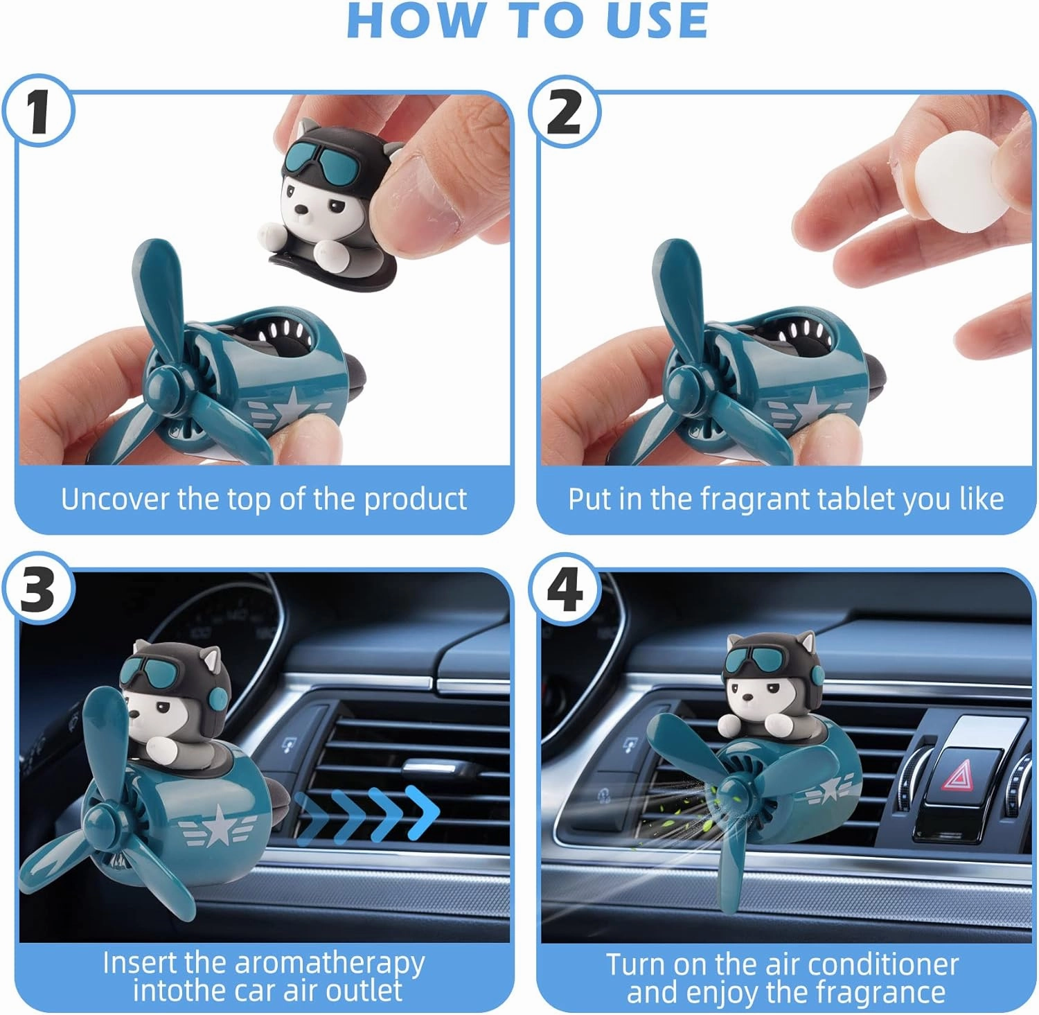 2pcs Bear Pilot Car Air Fresheners Cute Cartoon Automotive Air Outlet Propeller Car Diffuser Creative Car Perfume Decoration for Car Vent Clips for Women Men Cool Car Accessories (Bear   Teddy Bear)