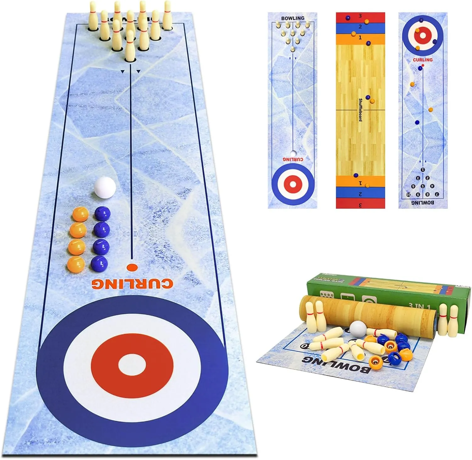 3-in-1 Tabletop Curling, Shuffleboard, and Bowling Game - Portable Family Game for Kids & Adults 47 inch - Easy to Set Up Desktop Indoor/Outdoor Fun (120x30cm)