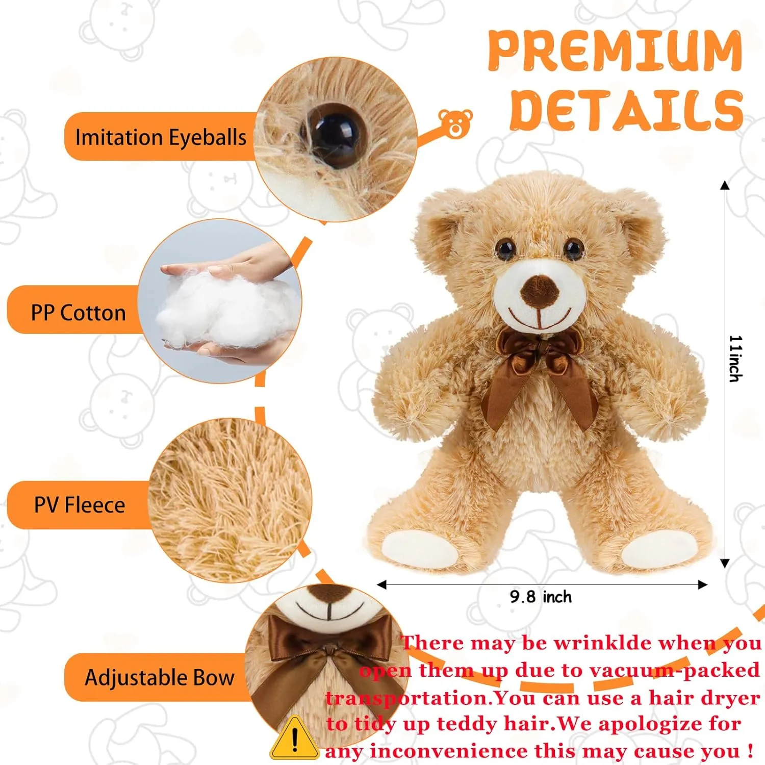 3 Pack Teddy Bears Bulk, 11" Teddy Bear Stuffed Animals Bulk Small Teddy Bears for Baby Shower Decorations & Favors, Wholesale Stuffed Bears Bulk for Kids Teens Girls Light Brown
