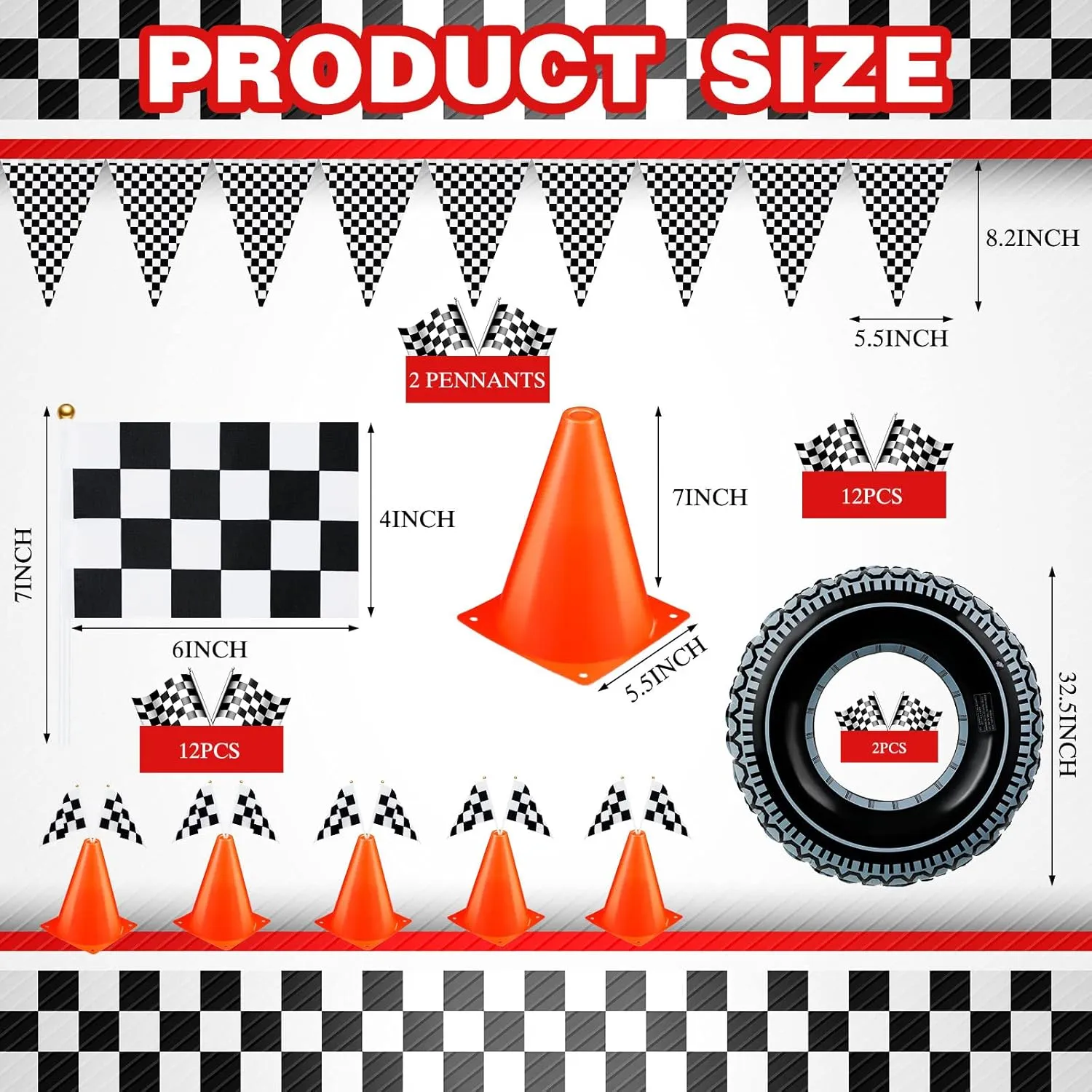 30 Pcs Checkered Racing Car Party Decorations Checked Race Flag Tablecloth Mini Traffic Cones Racing Pennant Banner Race Track Running Mat Tire Tubes Swimming for Decor (Black White Tablecloth)